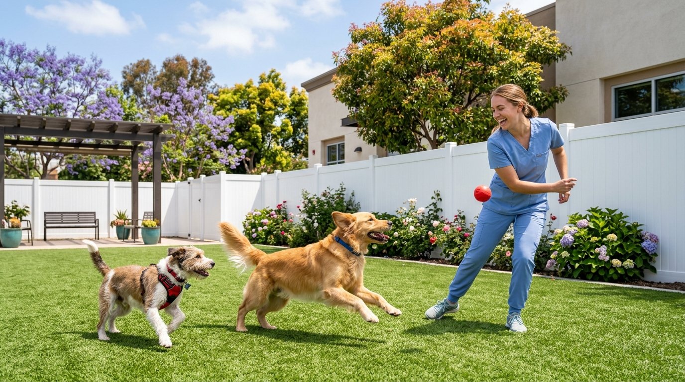 Caregiver playing with dogs on sunny outdoor turf play yard