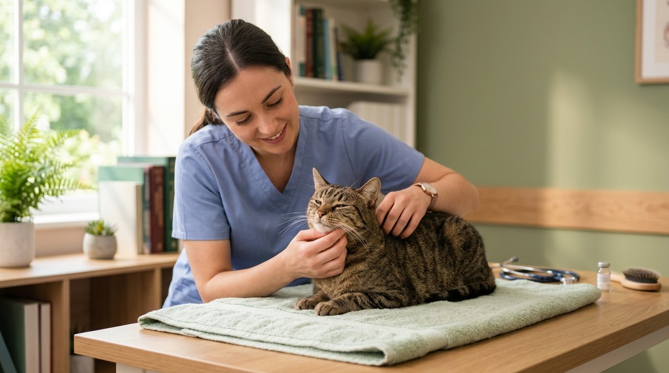 Gentle low-stress feline exam with calm domestic cat