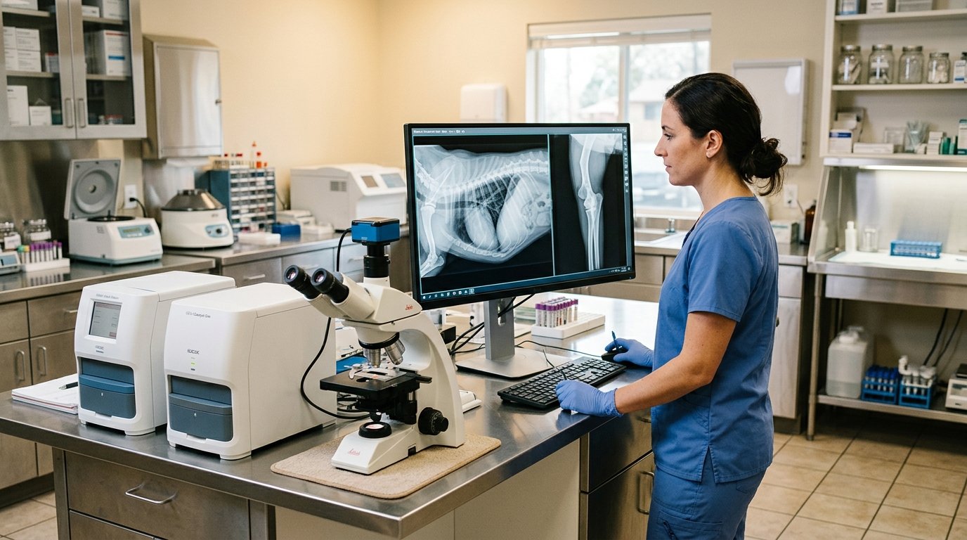 Digital radiograph review and in-house laboratory equipment