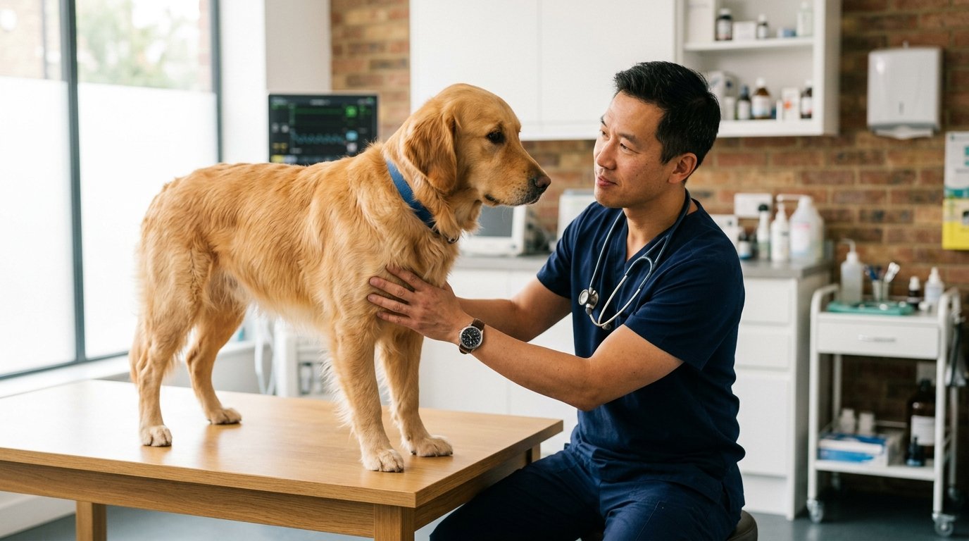 Veterinarian carefully evaluating pet for urgent sick visit
