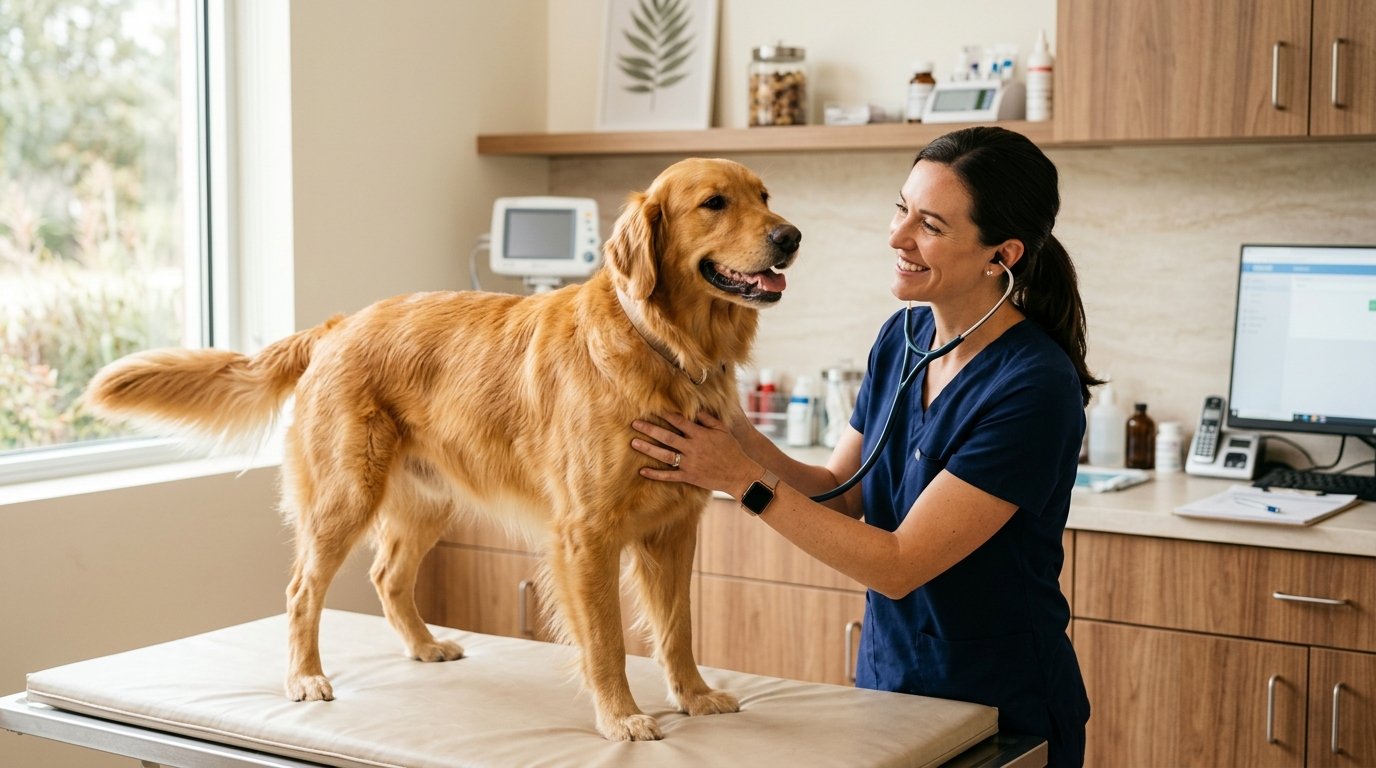 Veterinarian examining a golden retriever in a modern exam room